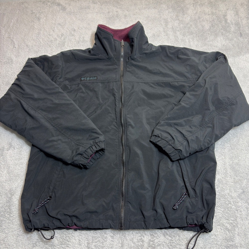 Columbia Fleece Lined Jacket Mens Large Black Burgundy Full Zip Windbreaker Coat